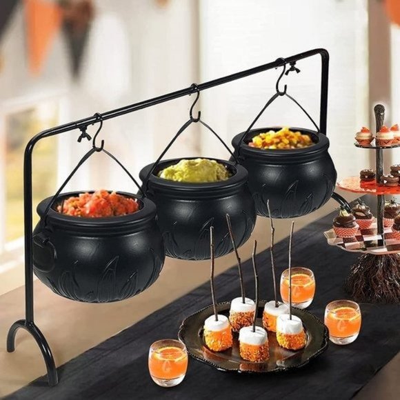 Set of 3  Black Plastic Witches Cauldron Serving Bowls for Halloween Party - Picture 1 of 9